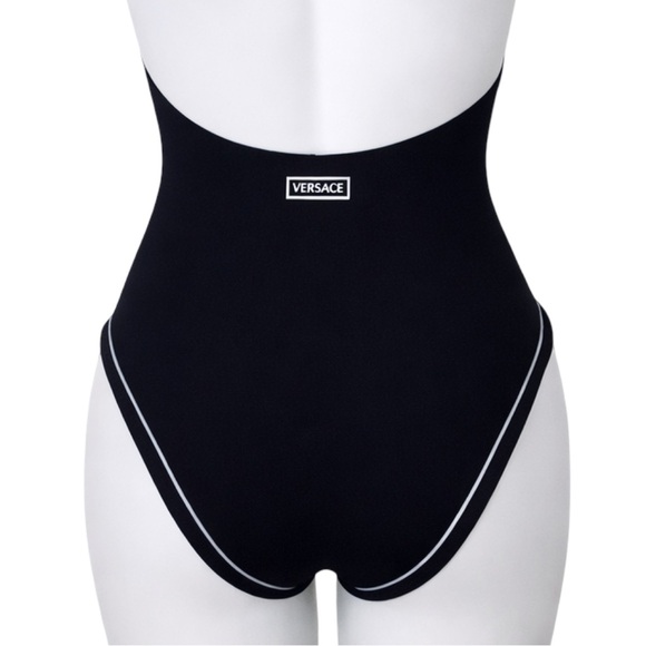 Versace 1990s Black Halter One-Piece Swimsuit White Piping US 8 IT 42 - Picture 6 of 13